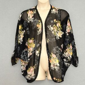 ND Petite Womens Top Plus 1X Black Floral Sheer Kimono Beachy Boho Whimsigoth